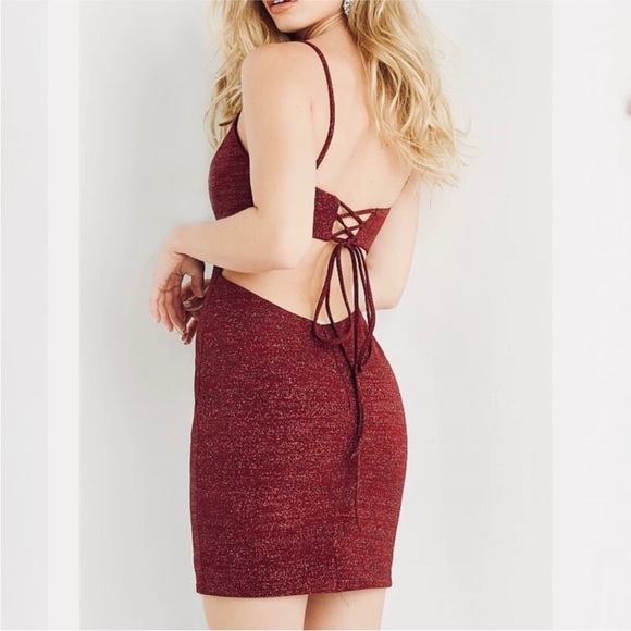 NEW JOVANI SZ 6 BURGUNDY SHIMMER LACE UP FORMAL COCKTAIL DRESS - Picture 15 of 15